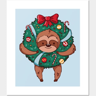 Merry Slothmas // Cute Cartoon Sloth in Christmas Wreath Posters and Art